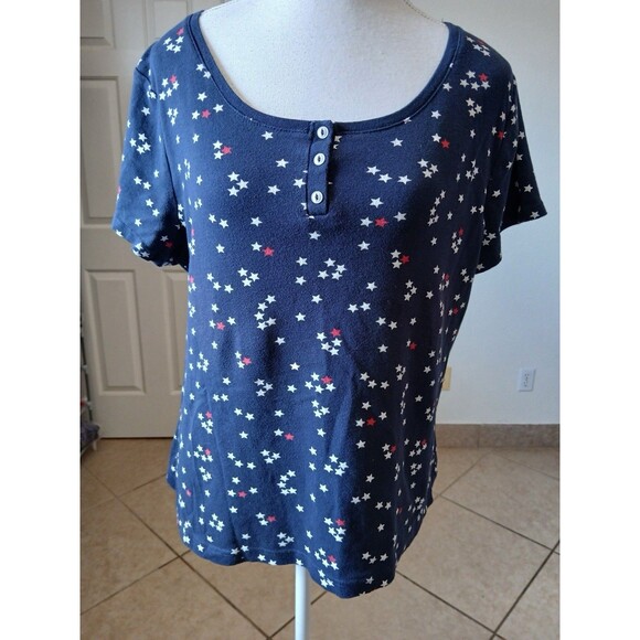 Croft & Barrow T-Shirt Women's Petite Large Start Print Navy Crew Neck Top - Picture 1 of 13